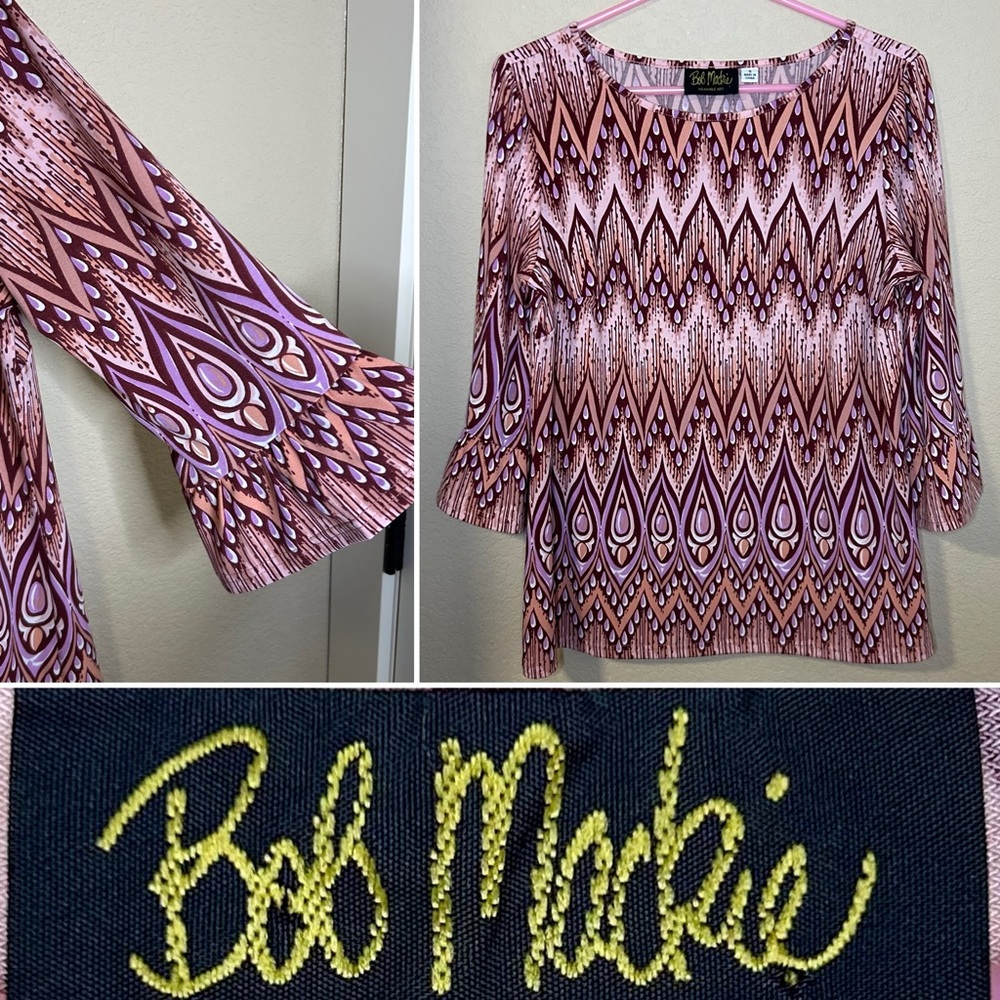 Bob Mackie Geometric Print Top Retro 70s Ruffle Sleeve Pink Purple Mod small
